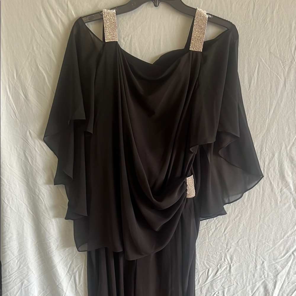 MSK Black Asymmetrical Gown with Cold Shoulder Flutter Sleeves